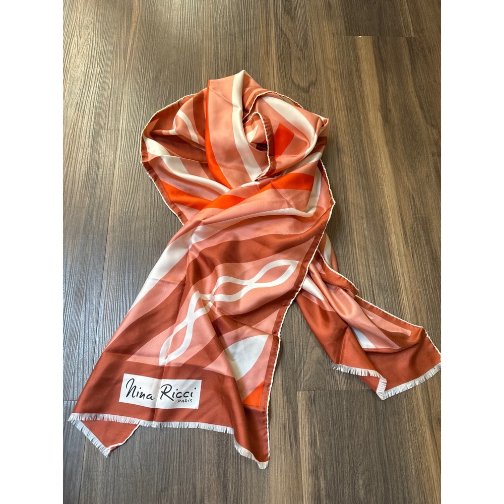 Nina Ricci Silk Scarf Womens OS Orange Abstract Geometric Made in France 17x64